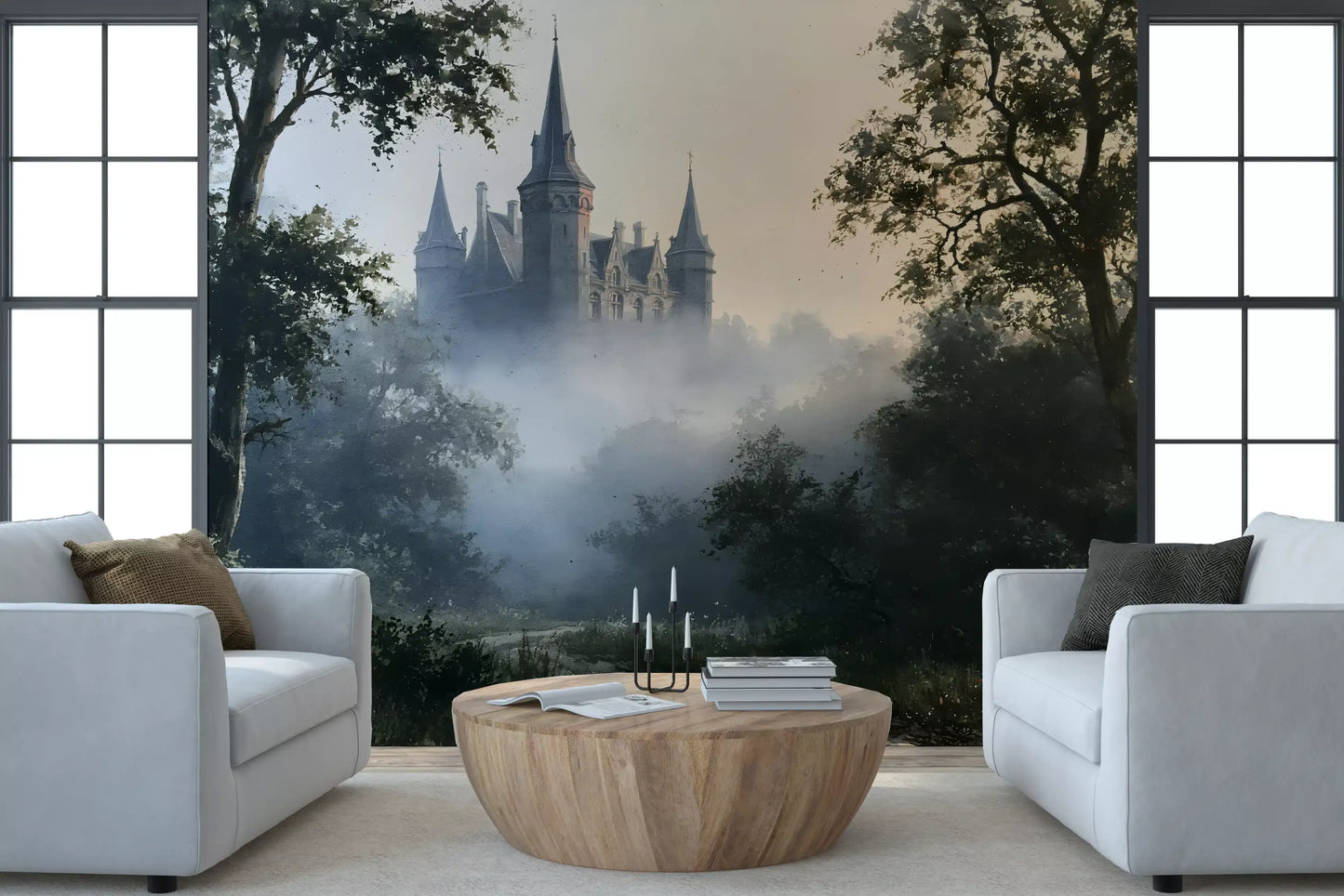 Gotisch kasteel in ochtendmist als wandmural