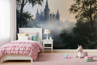 Gotisch kasteel in ochtendmist als wandmural