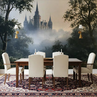Gotisch kasteel in ochtendmist als wandmural