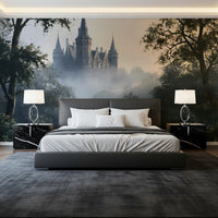 Gotisch kasteel in ochtendmist als wandmural
