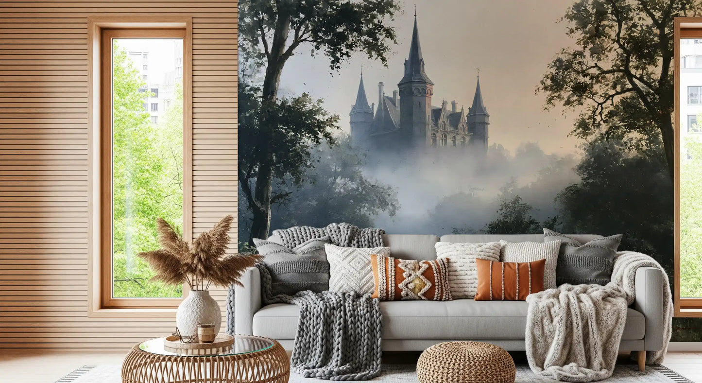Gotisch kasteel in ochtendmist als wandmural