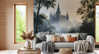 Gotisch kasteel in ochtendmist als wandmural