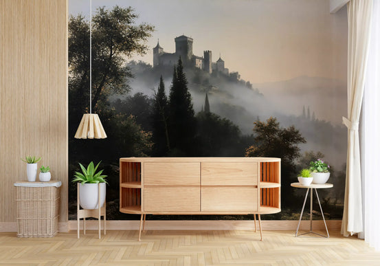 Forgotten fortress misty mural behind a wood console with white planters GD12902