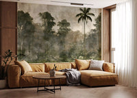 Vægmaleri med silhuet af en ældet tropisk skov