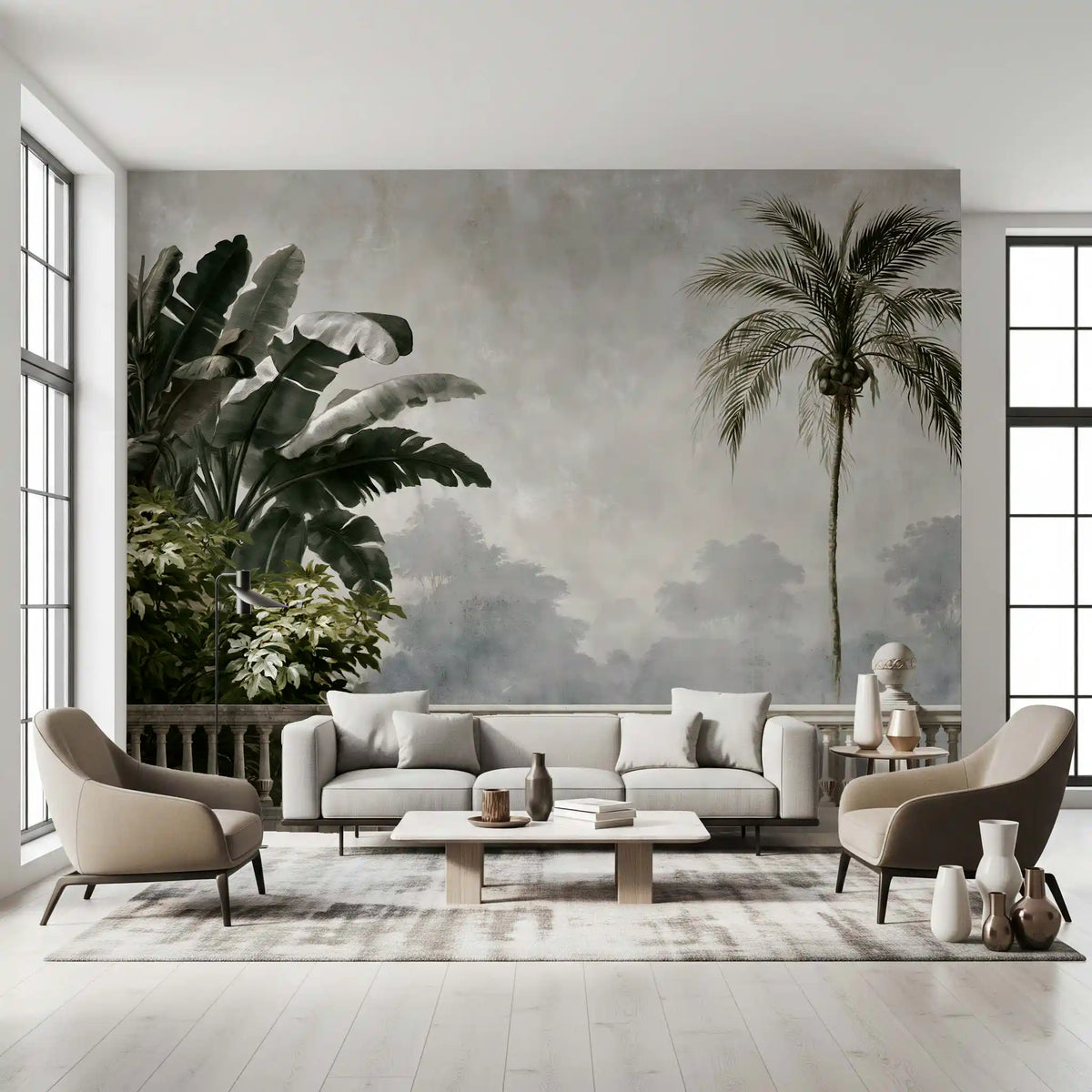 Classical balcony garden view wall mural behind a grey sofa and beige armchair in a bright living room GD12907