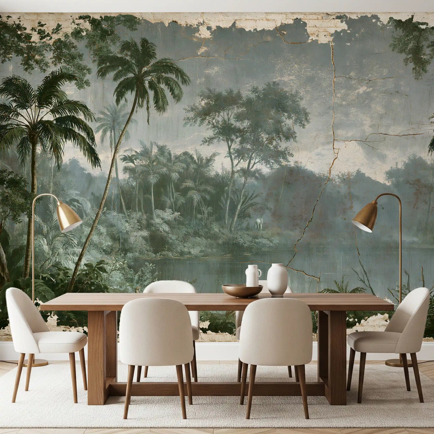 Murale da parete con scena botanica d’epoca lungo il fiume