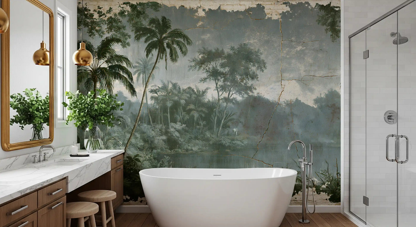 Murale da parete con scena botanica d’epoca lungo il fiume