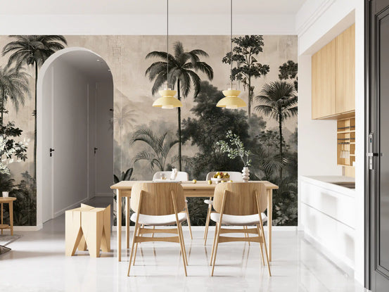 Monochrome tropical palm mural in a dining area with arched hallway and wood table GD12914