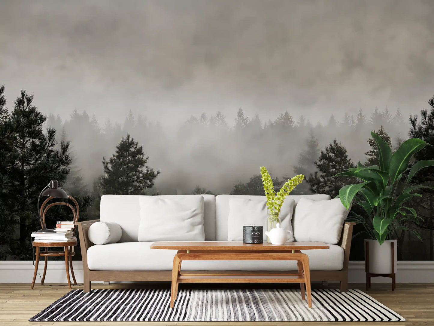 Fresque murale représentant une scène monochrome dans une brume sylvestre