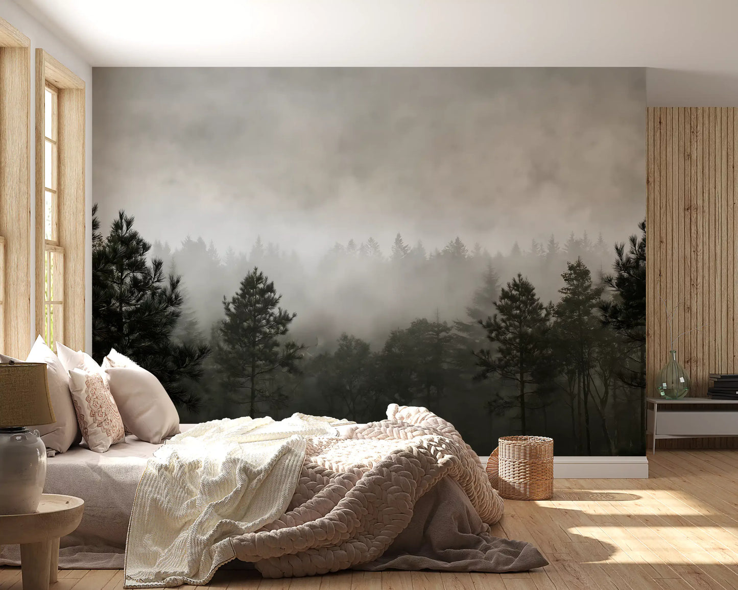 Fresque murale représentant une scène monochrome dans une brume sylvestre