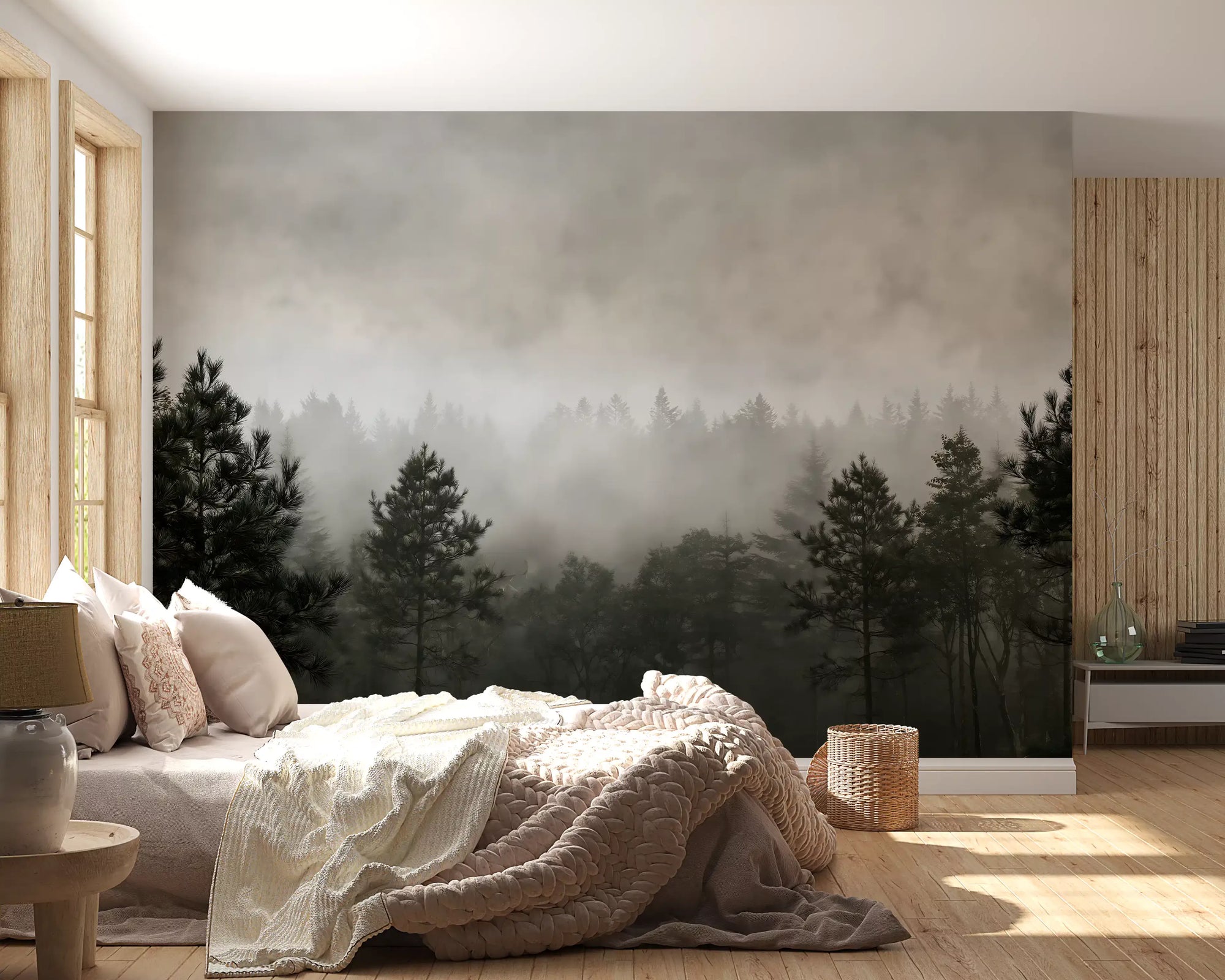 Misty forest mural on a bedroom wall behind a cream bed with a knit throw GD12916
