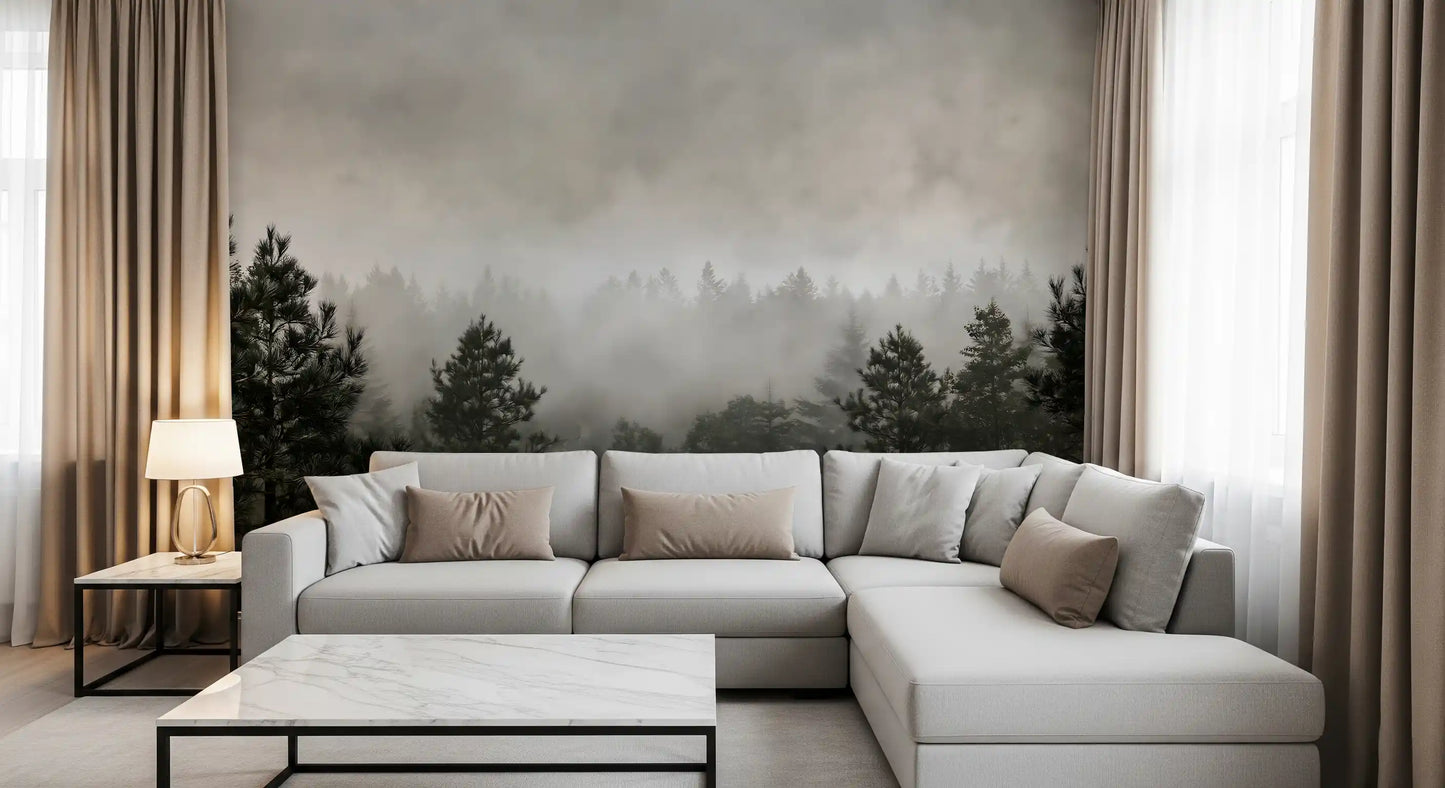 Fresque murale représentant une scène monochrome dans une brume sylvestre