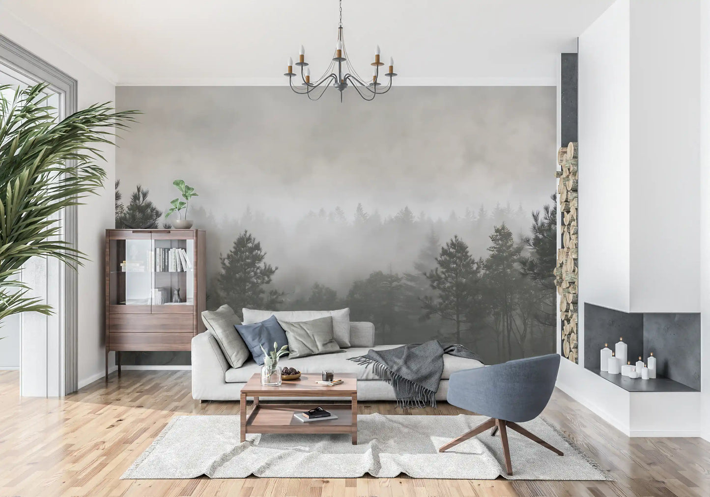 Fresque murale représentant une scène monochrome dans une brume sylvestre
