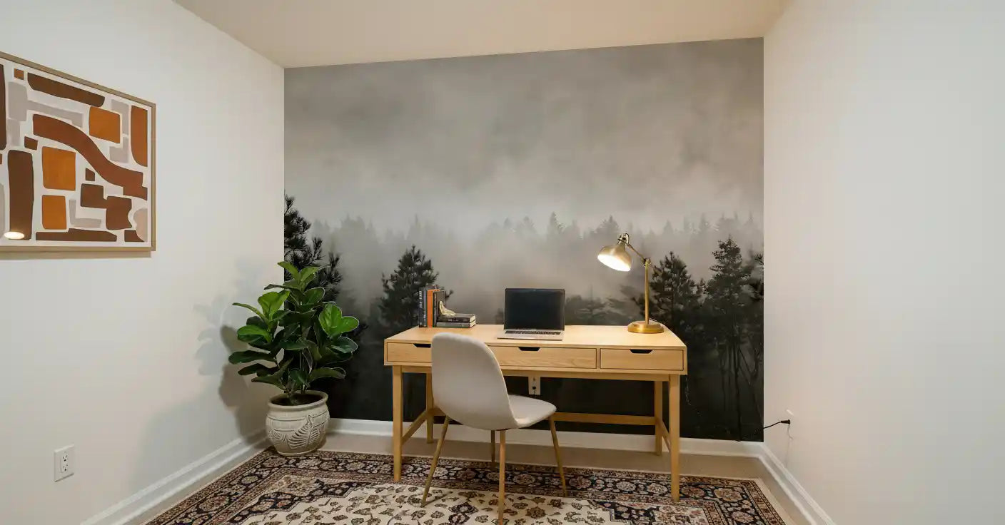 Fresque murale représentant une scène monochrome dans une brume sylvestre