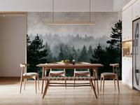 Veggmaleri med skyggefull eviggrønn skoglandskap