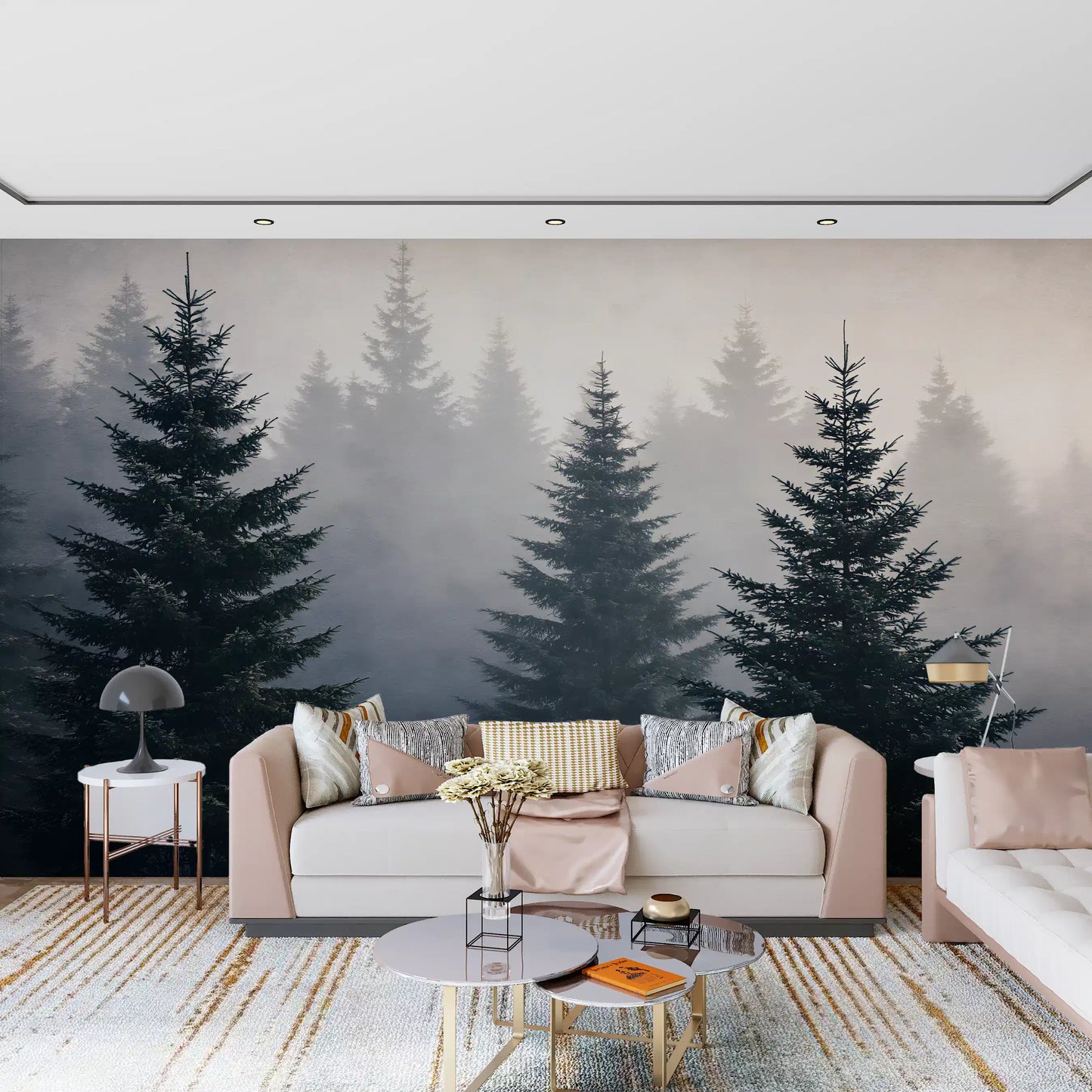 Wandmuurschildering met studie van een mistig winterbos