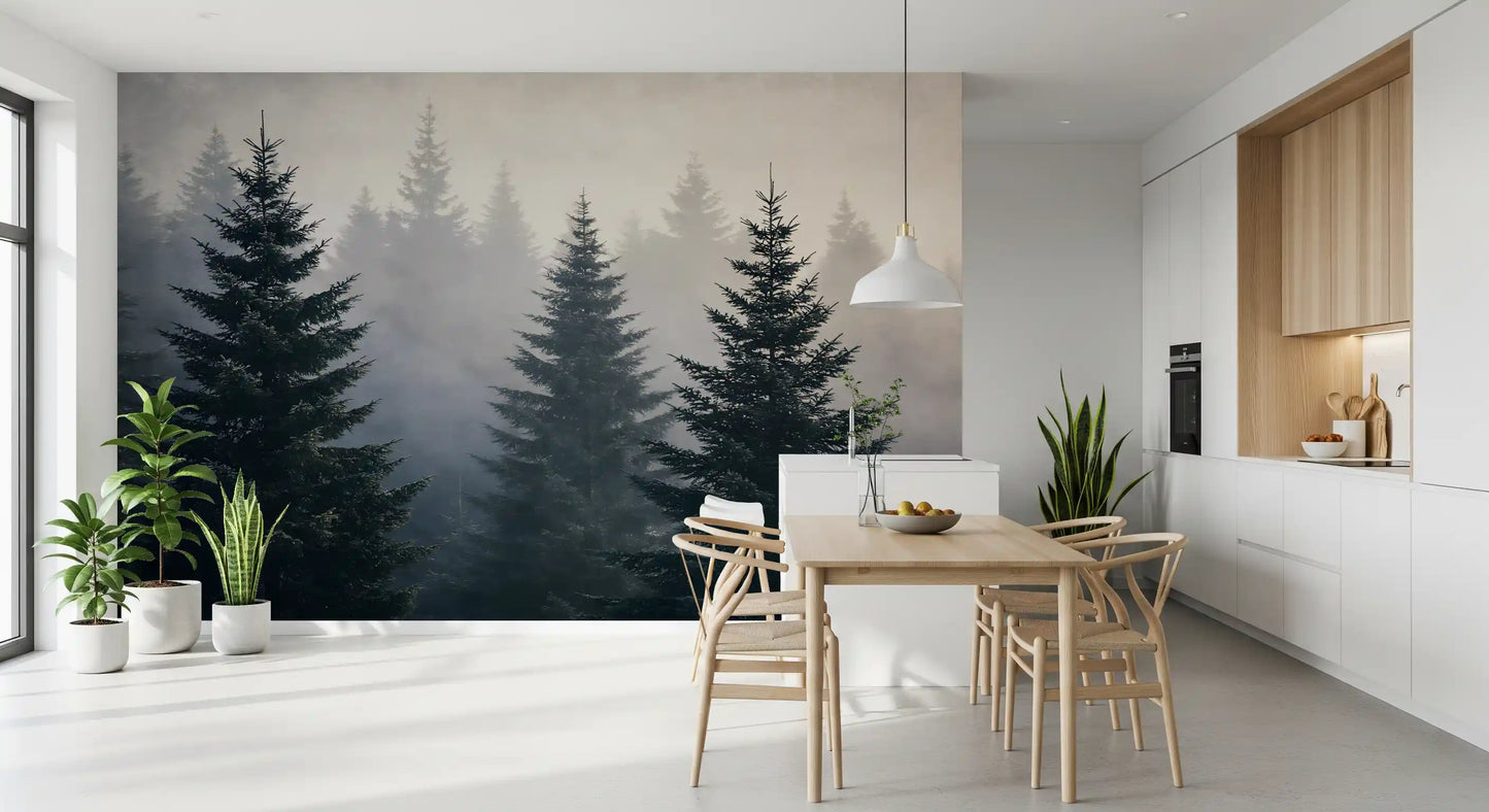 Wandmuurschildering met studie van een mistig winterbos