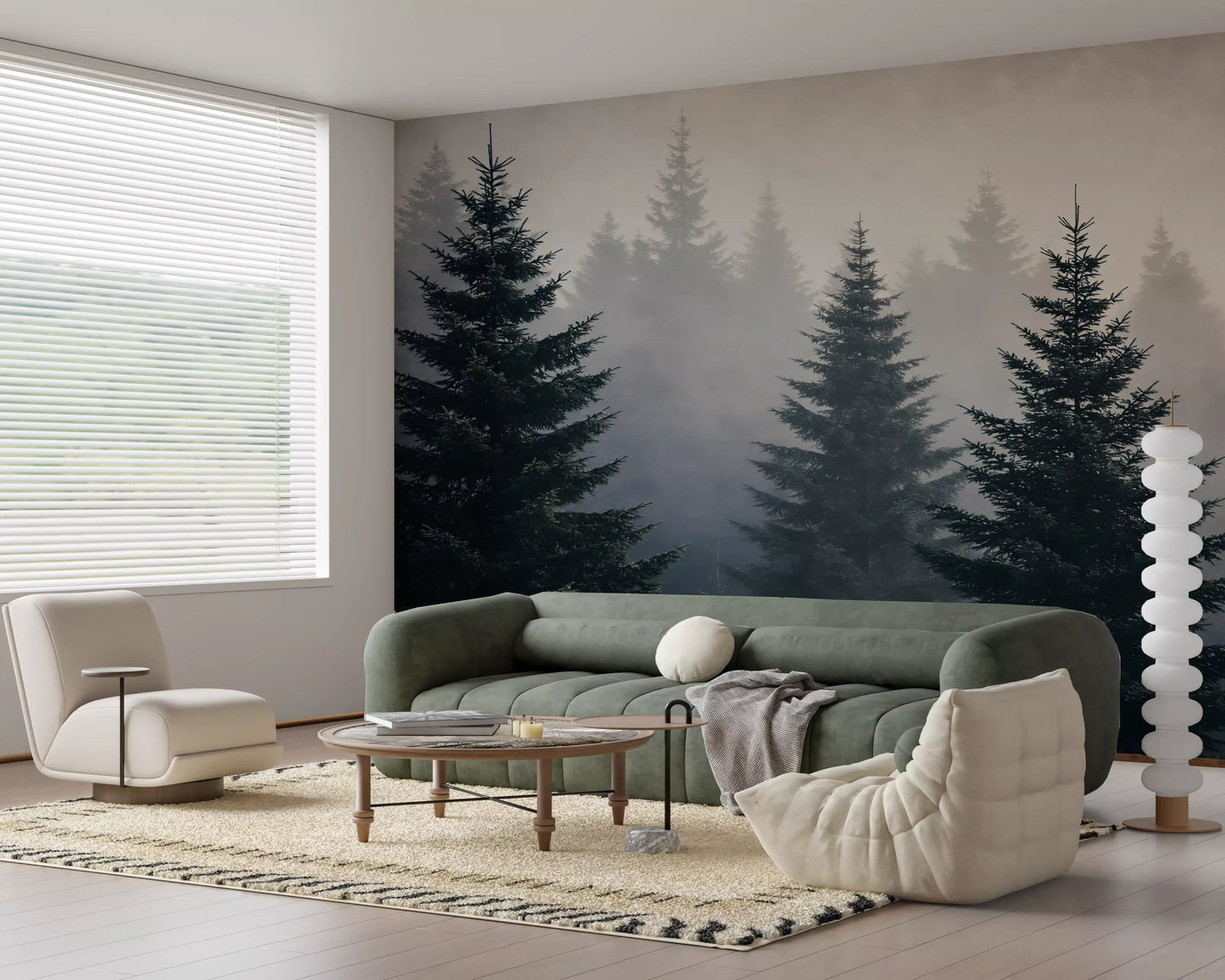 Wandmuurschildering met studie van een mistig winterbos