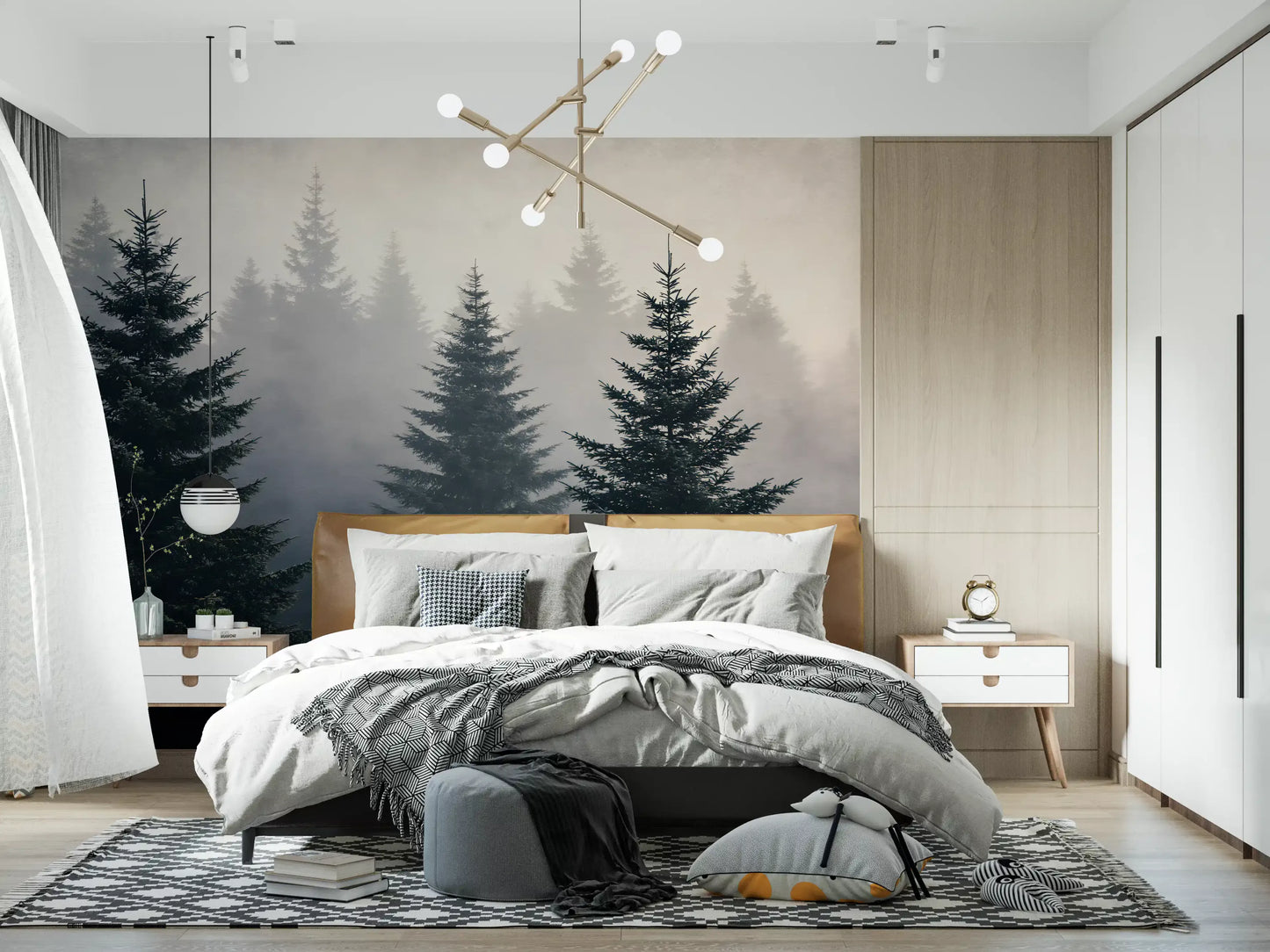 Wandmuurschildering met studie van een mistig winterbos