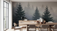 Wandmuurschildering met studie van een mistig winterbos