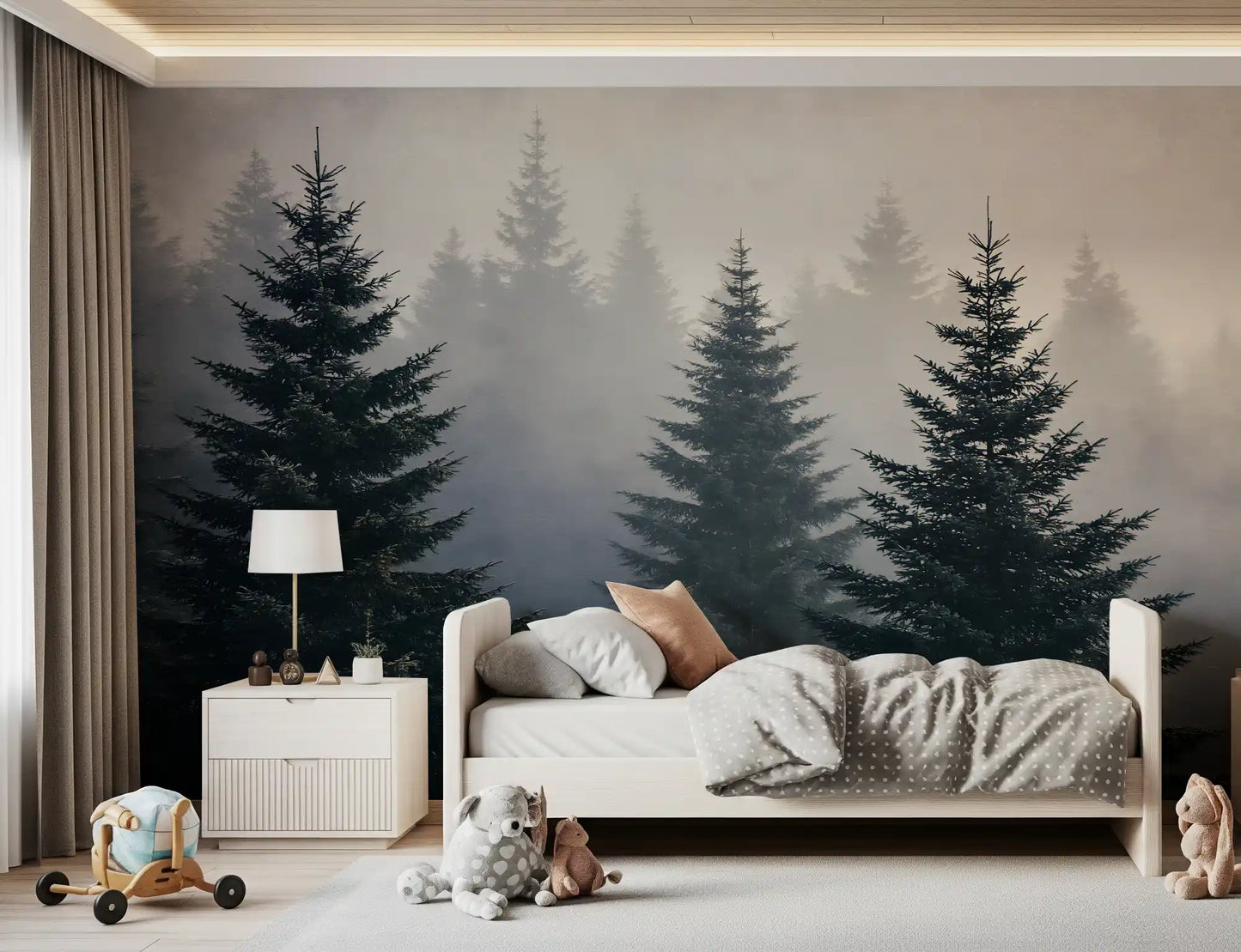 Wandmuurschildering met studie van een mistig winterbos