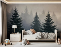 Wandmuurschildering met studie van een mistig winterbos
