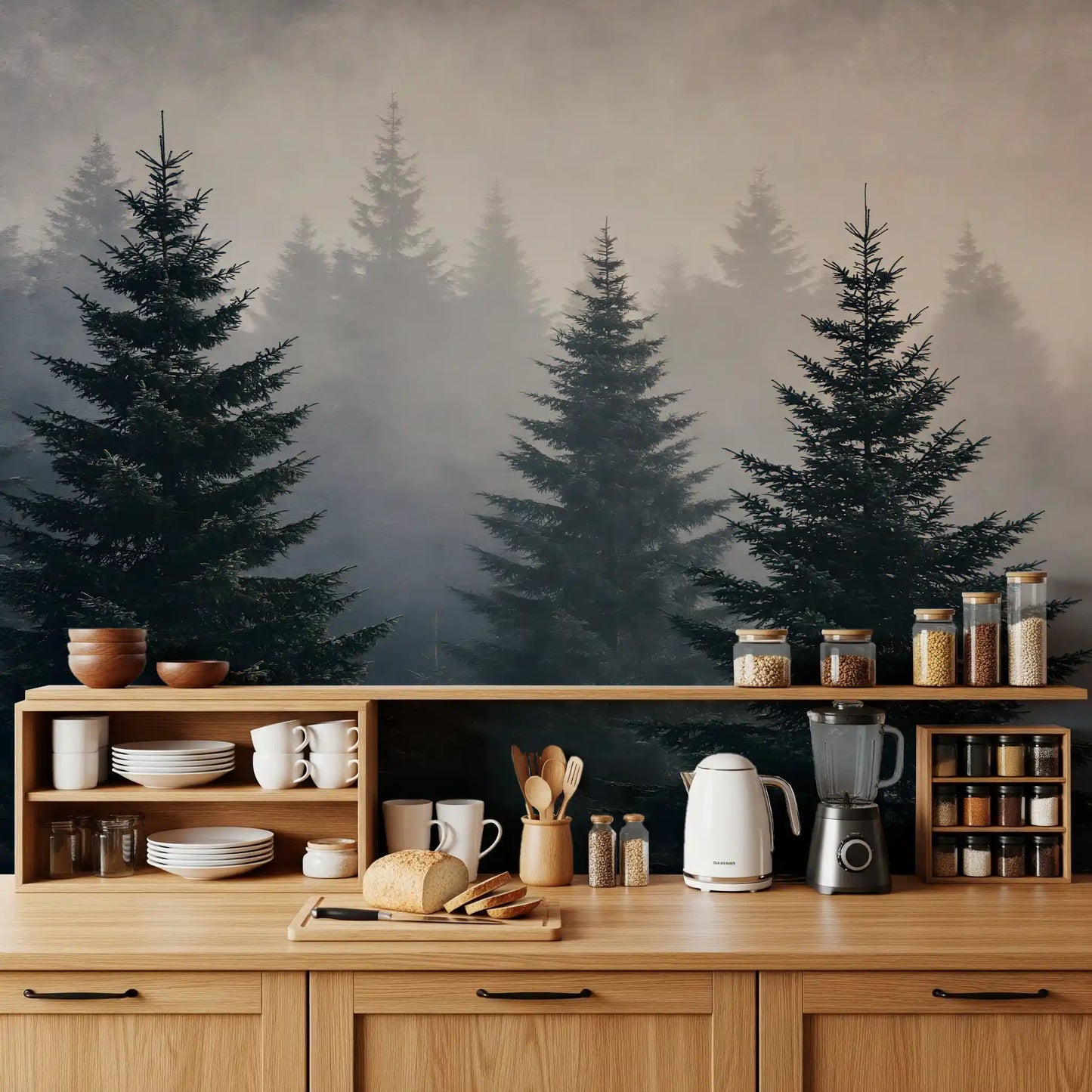 Wandmuurschildering met studie van een mistig winterbos