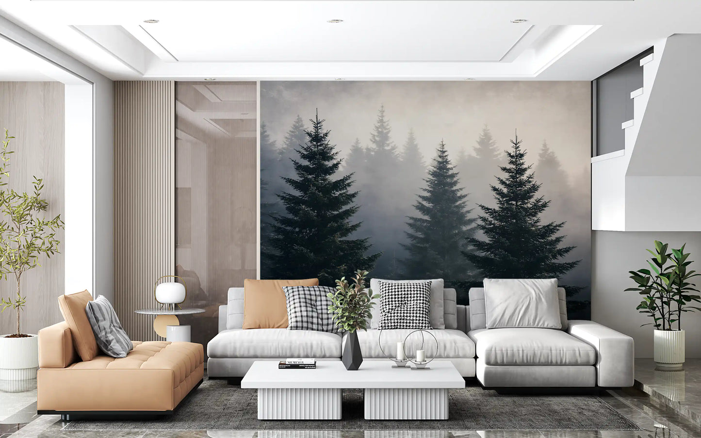 Wandmuurschildering met studie van een mistig winterbos