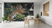 Fresque murale « Jungle nocturne, tigre et toucans »