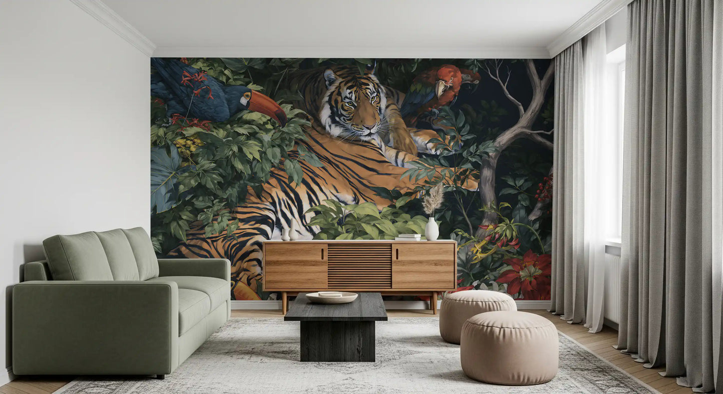 Fresque murale « Jungle nocturne, tigre et toucans »