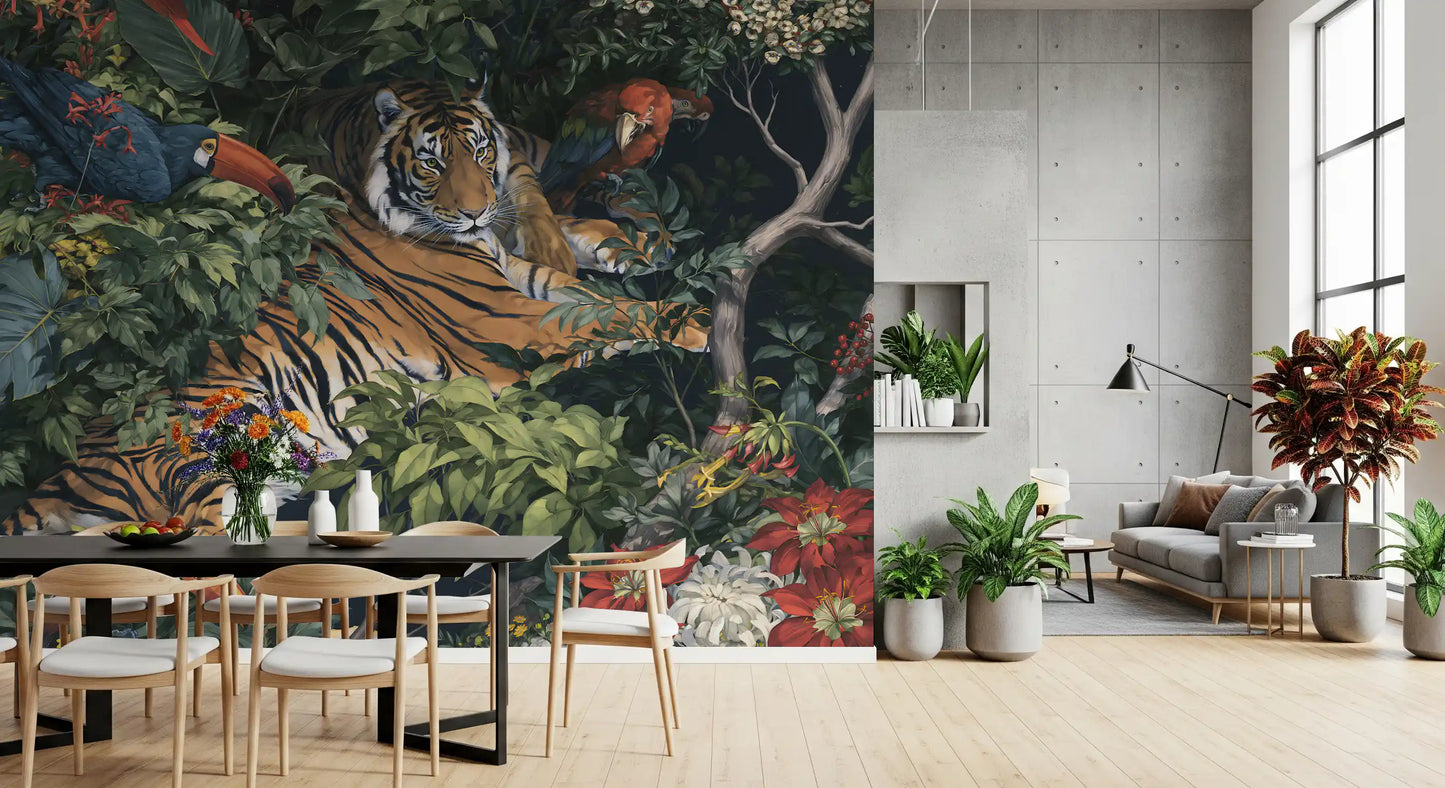 Fresque murale « Jungle nocturne, tigre et toucans »