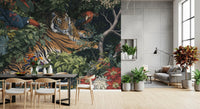 Fresque murale « Jungle nocturne, tigre et toucans »