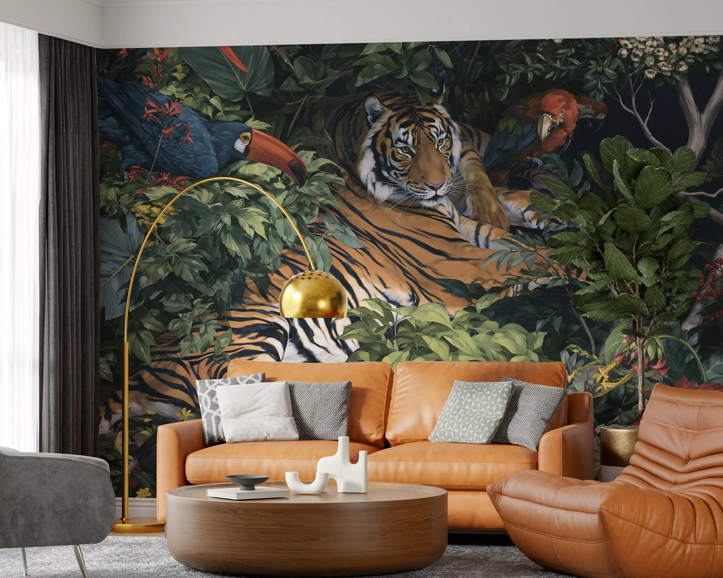 Fresque murale « Jungle nocturne, tigre et toucans »