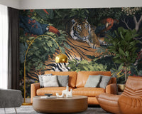 Fresque murale « Jungle nocturne, tigre et toucans »