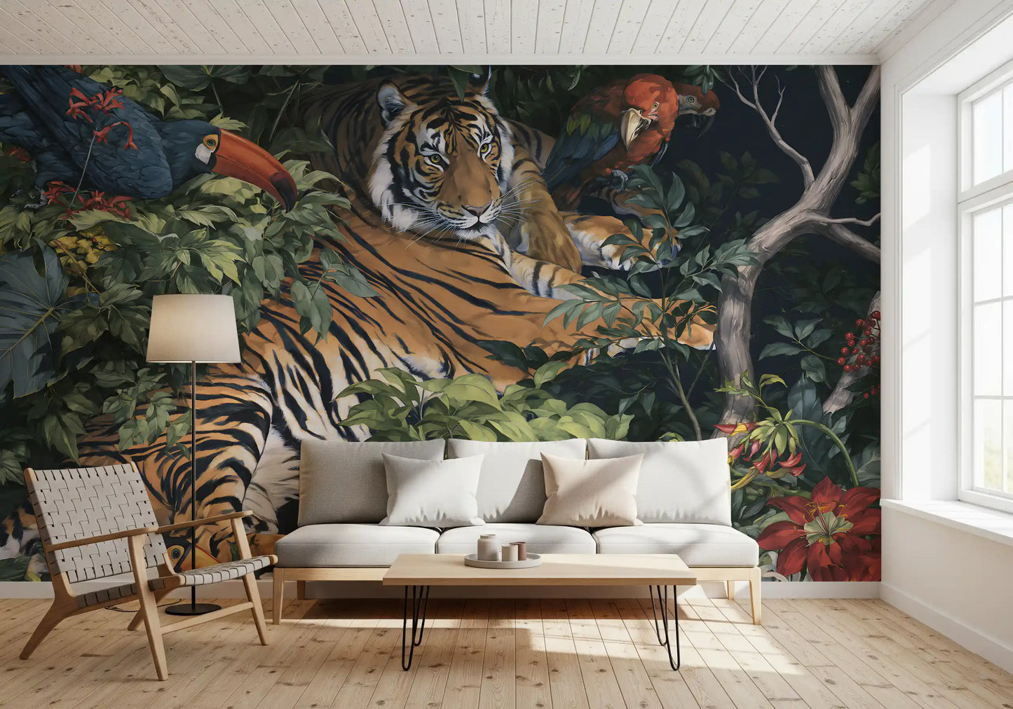 Fresque murale « Jungle nocturne, tigre et toucans »