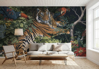 Fresque murale « Jungle nocturne, tigre et toucans »