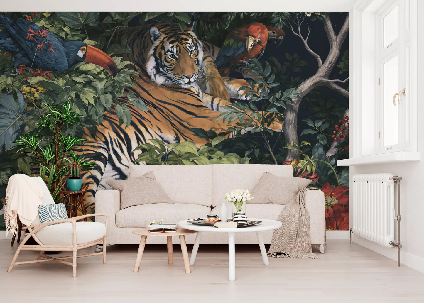 Fresque murale « Jungle nocturne, tigre et toucans »