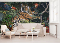 Fresque murale « Jungle nocturne, tigre et toucans »
