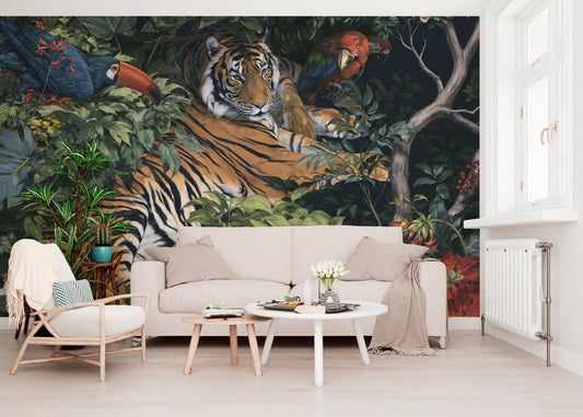 Midnight Jungle Tiger and Toucans Wall Mural