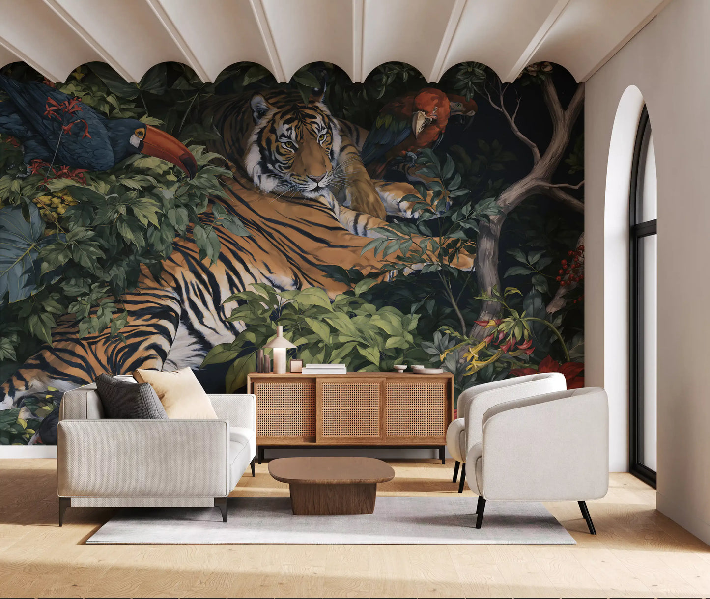 Fresque murale « Jungle nocturne, tigre et toucans »