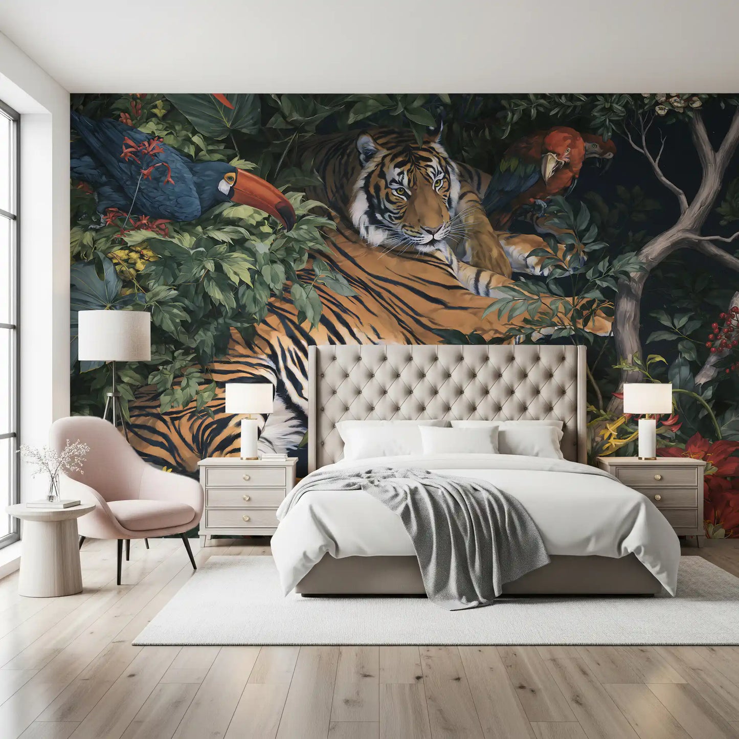 Fresque murale « Jungle nocturne, tigre et toucans »