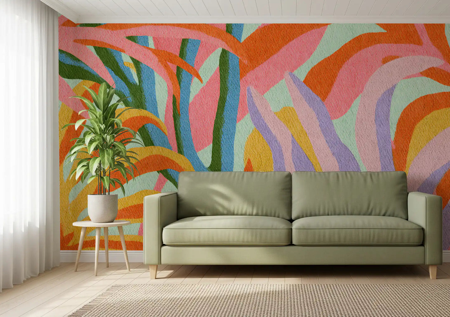 Fresque murale botanique abstraite aux feuillages éclatants