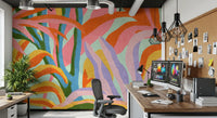 Fresque murale botanique abstraite aux feuillages éclatants