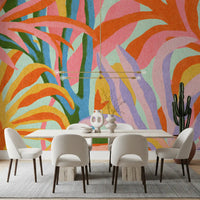 Fresque murale botanique abstraite aux feuillages éclatants