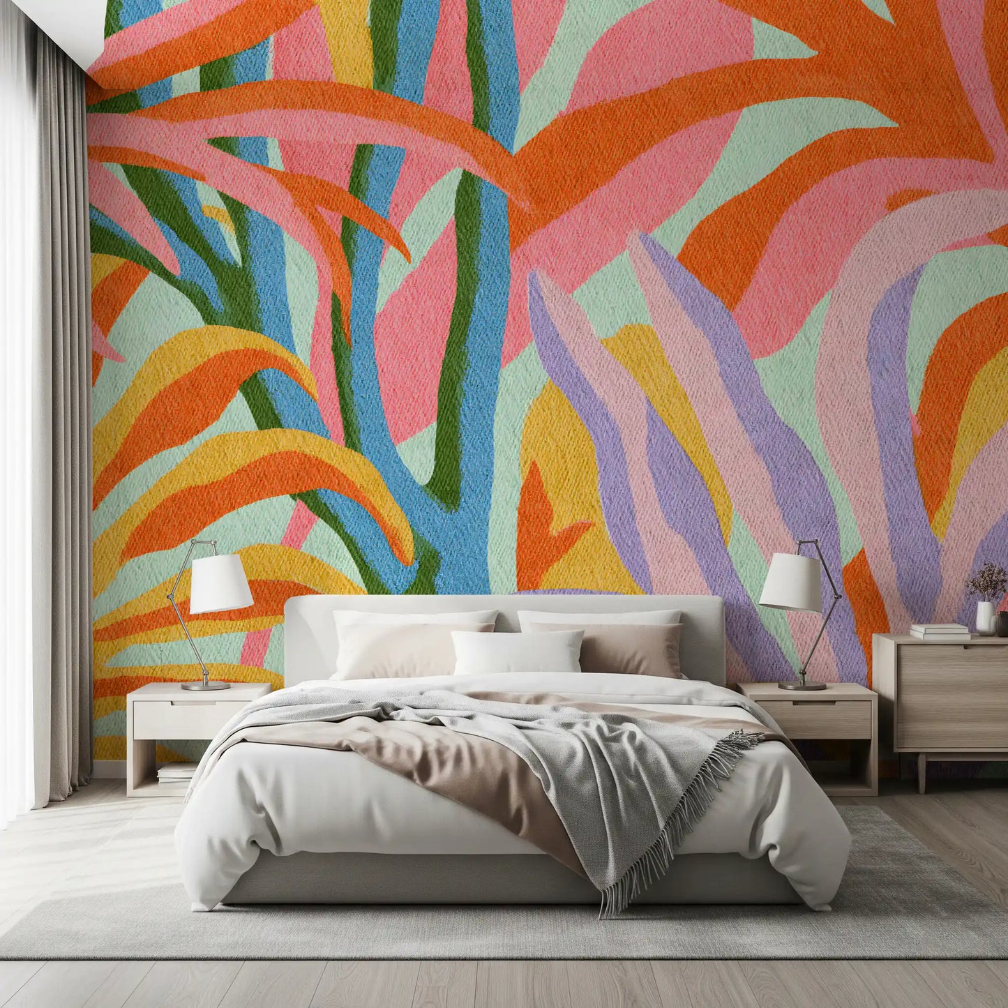 Fresque murale botanique abstraite aux feuillages éclatants