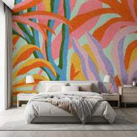 Fresque murale botanique abstraite aux feuillages éclatants