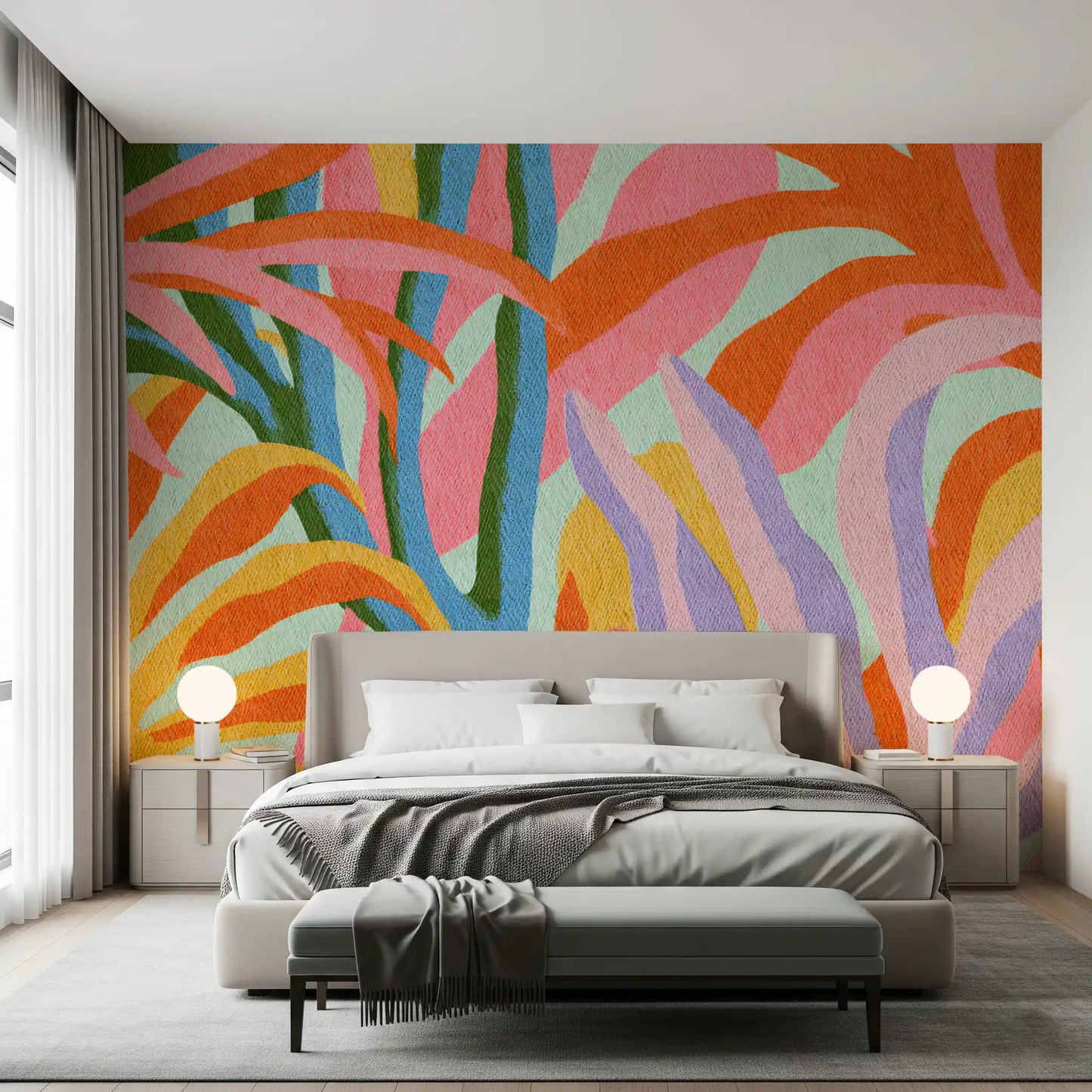Fresque murale botanique abstraite aux feuillages éclatants
