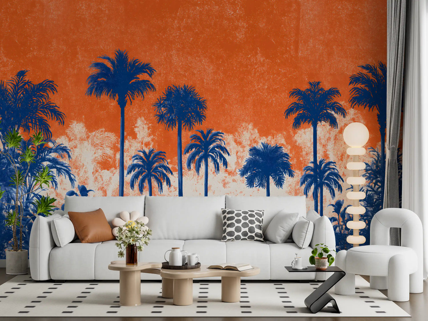 Fresque murale panoramique abstraite représentant une canopée tropicale au coucher du soleil