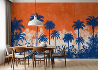 Fresque murale panoramique abstraite représentant une canopée tropicale au coucher du soleil