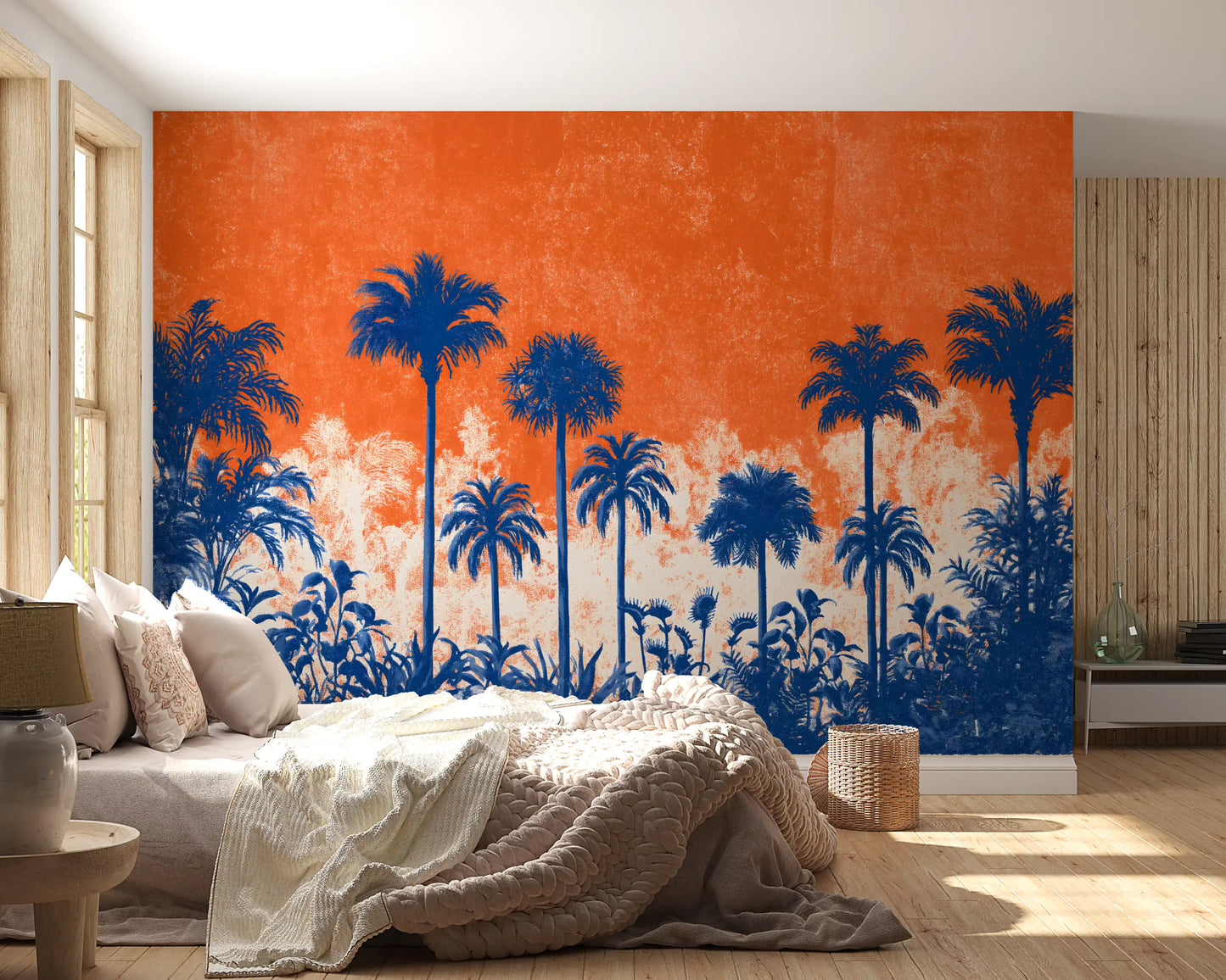 Fresque murale panoramique abstraite représentant une canopée tropicale au coucher du soleil